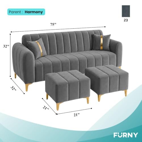 Image of FURNY Harmony 5 Seater L Shape Sofa Set with 2 Movable Ottoman & Golden Legs | Flexible Left or Right Layout | Plush Velvet Fabric (Dark Grey) | Perfect for Living Room, Guest Room, Office