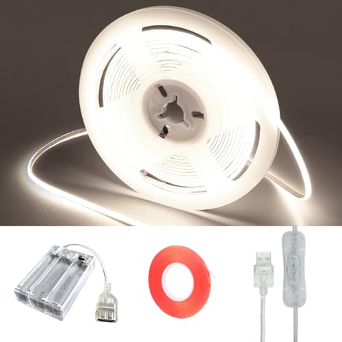 USB Under Cabinet Lighting Battery Operated, COB LED strip light 6.56ft Cuttable, Ultra Thin Flexible but Very Bright Display Cabinet Lights, Under Counter Lights for Kitchen, shelf lighting wireless