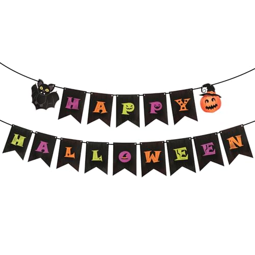 lasuroa Striscione Happy Halloween, Ghirlanda Halloween con Zucche Pipistrelli Carini per Decorazione Interni Esterni Camino Muro Veranda Festa