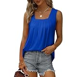 RODYETQQ Tank Tops for Women Pleated Square Neck Sleeveless Tops Curved Hem Flowy Cami Shirt Summer Camisole Casual Tees Tunics Loose Fit Beach Vacation Outfits(A11 Blues,Small)