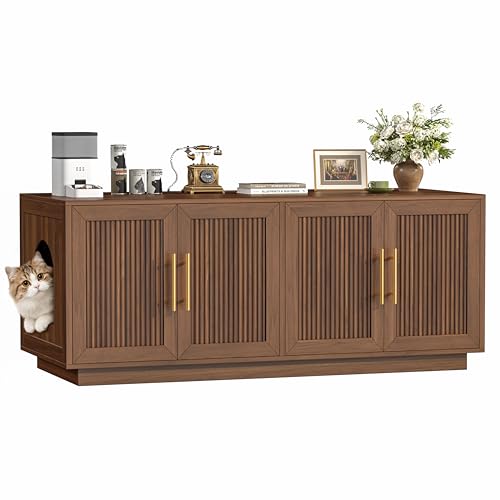 Zeibospri Fluted Cat Litter Box Enclosure 47.2 Large Double Hidden Litter Box Furniture Cabinet for 2 Cats Indoor Cat House Modern End Table for Living Room Entryway Bedroom Walnut