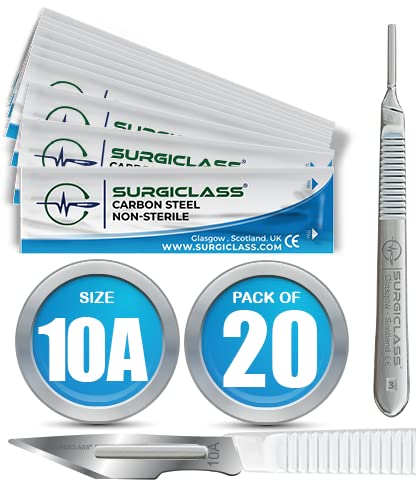 Scalpel Blades # 10A Carbon Steel Non Sterile Scalpel Surgical Blades Pack of 20 and Steel Handle for Wood Art Surgical Sculpting Repairs Lab Anatomy Sign Card Making Lab Training SURGIBL10A-20