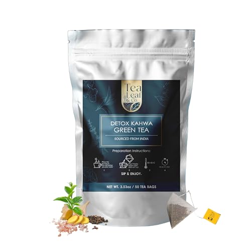 Image of Tea Leaf & Co. Detox Kahwa Green Tea Bags (50 Count), Green Tea with Ginger, Tulsi & Rock Salt, Caffeinated, Natural Green Tea, Blended with Fresh Herbs and Spices, Gluten Free