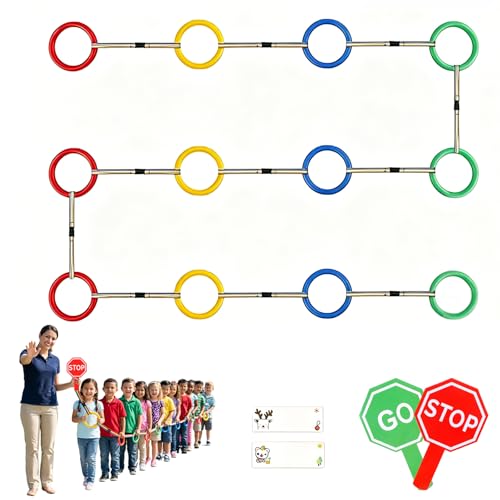 Walking Rope with A Stop/Go Sign | Colorful 12-Ring Transition Rope with Detachable Safety Line | Group Lineup Walking Indoor Outdoor Activities Educational (Multi-Color 12 sets)