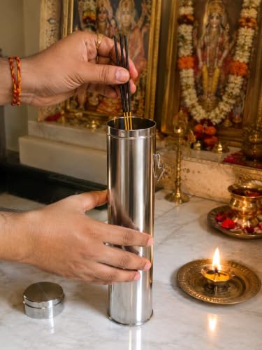 Image of CM Stainless Steel Agarbatti Holder | 25 cm Cylindrical Storage Container with Secure Lid | Silver Incense Stick Holder for Home Temple Pooja Room and Daily Worship