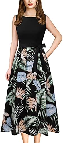 VFSHOW Womens Black and Green Leaf Print Chiffon Patchwork Pockets Belted Pleated Work Business Office Casual A-Line Midi Dress 7897 BLK XL