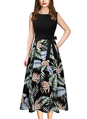 Vfshow Womens Black And Green Leaf Print Chiffon Patchwork Pockets Belted Pleated Work Business Office Casual A-Line Midi Dress 7897 Blk Xl #TOP2