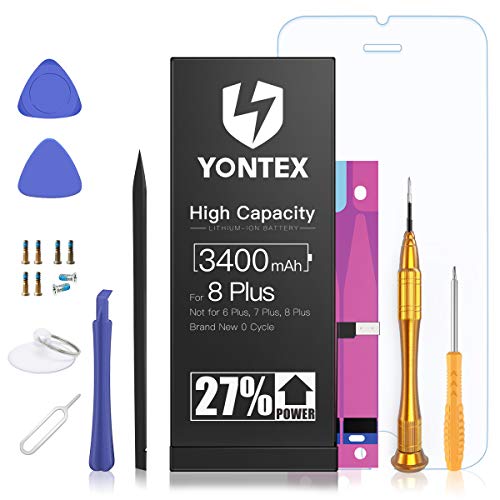 YONTEX Batterie pour iPhone 8 Plus 3400mAh Batterie Interne Compatible avec iPhone 8 Plus Batterie de Remplacement Li-ION avec Kit d'Outils et Protecteur d'Ecran Batterie Grande Capacité