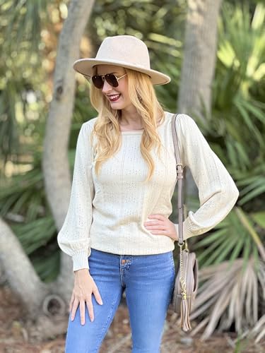 Image of HOTOUCH Sweaters for Women 2026 Fall Trendy Tops Casual Puff Sleeve Square Neck Cute Tunic Pullover Blouses XS-XXL