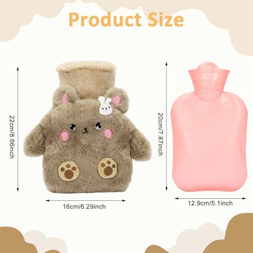Image of HANNEA Hot Water Bottle Rubber with Soft Cover, Hot Water Bag for Cramps, Pain Relief, Removable Hot Cold Pack Hot Water for Hand Feet Warmer, Neck and Shoulder Pain Relief, Brown
