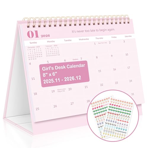 Small Desk Calendar 2026 14 Months Standing Flip Calendar Nov 2025 to Dec 2026 8 x 6 Desktop Calendar with Planner Stickers Pink Desk Calendar