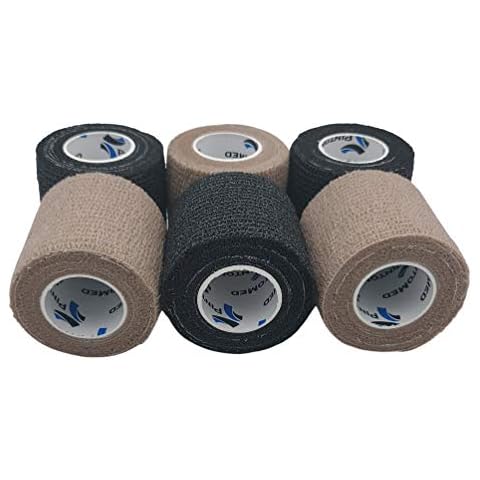 PintoMed - 3 BEIGE + 3 BLACK Cohesive Bandage Stretched 6 Rolls x 5cm x 4.5m Self-adhesive Flexible Bandages, Professional Quality, First Aid Sports Wrap Bandages - Pack of 6 Cover