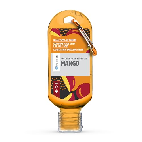 Palm Safe Mango 60ml Anti Bacterial Premium Hand Sanitiser Travel Size Refillable Clip Bottle Quick Drying Non Sticky Extra Moisturising Kills 99.9% of Viruses and Bacteria