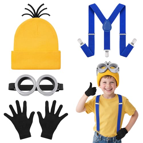DiULi Jaune Costume Lunettes Kits,Accessoires Jaunes Style Cartoon avec Lunettes Steampunk Double Œil,Casquette Jaune, Gants & Bretelles - Costume Fête Anniversaire/Halloween 4-12 Ans
