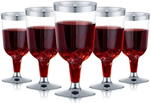 LATERN 30Pcs Plastic Wine Glasses, 170ml Silver Wine Tasting Glasses Reusable Stemmed Party Wine Cups for Drinks Whiskey Champagne Beer Cocktail Martini (13.4 x 6.5cm)