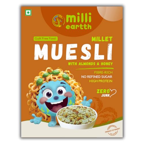 Image of millieartth Millet Muesli with Almond and Honey 350g (Pack of 2) | Ragi Barnyard Millet Quinoa Corn Cereal | Ready to Eat Breakfast Mix | With Almonds, Honey and Jaggery