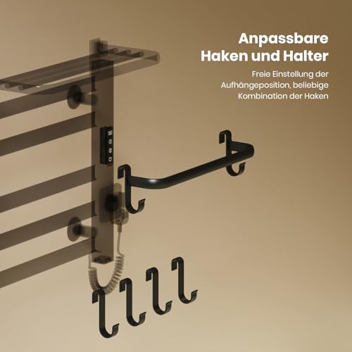 EMKE Elektrischer Badheizkörper Handtuchhalter 500 x 500 mm, Intelligenter Konstanttemperatur Handtuchheizkörper Elektrisch Handtuchtrockner Handtuchwärmer mit Ablage Right Schwarz 140W