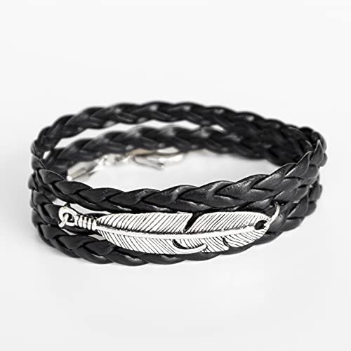 Men's Feather Bracelet, Wide Braided Black Vegan Faux Leather & Silver Plated Wrap Bracelet For Men, Handmade Boho Tribal Hippe Festival Jewelry For Guys By Magoo #TOP6
