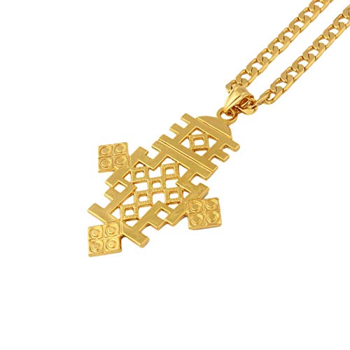 VAWAA Éthiopien Croix Grand Pendentif18k Rempli d'or Plaqué Chaîne Collier Éthiopie Article Bijoux Africain Femmes Hommes