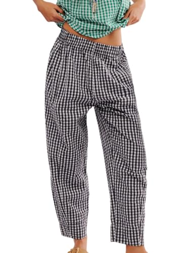 Women's Striped Gingham Pants Wide Leg Capri Pants Mid Rise Cotton Plaid Lounge Trousers with Pockets