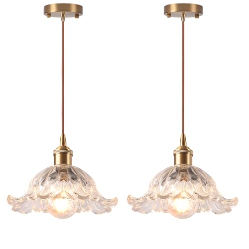 LIGKIN Juego de 2 lámparas colgantes vintage, industriales, E27, candelabro de flores creativas, pantalla de vidrio, lámpara de techo para cocina, comedor, dormitorio