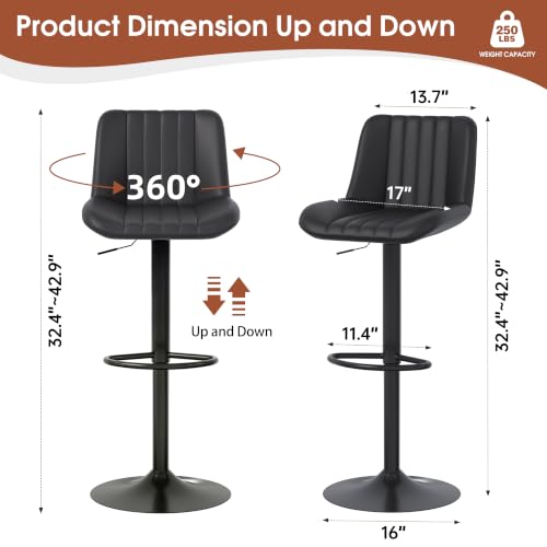 Image of JAMFLY Modern Leather Bar Stools - Swivel & Height-Adjustable Bar Chairs with Footrest, Ergonomic Design for Kitchen Island, Home & Commercial Bar - Set of 2, Black