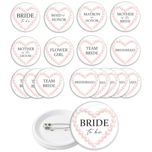 16PCS Pearls Bridal Shower Pins Wedding Party Badges Elegant Prosecco Theme Button Pins for Bride Team Bride Bridesmaid Maid of Honor Matron Flower Girl Family Celebration Accessories 2.28Inch