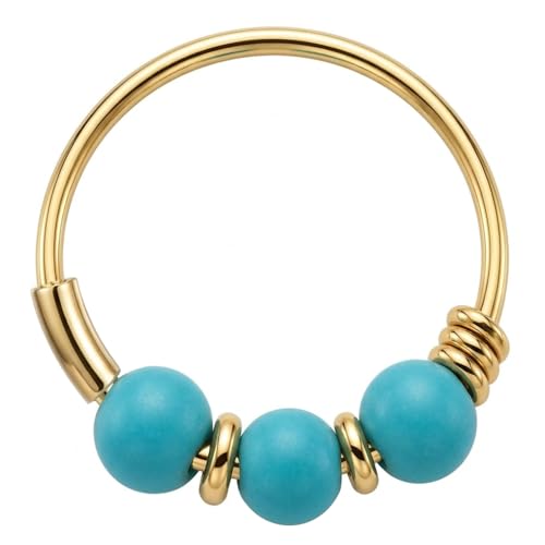 PiercingPoint 9KT Solid Yellow Gold Triple Turquoise Beads 22 Gauge (0.6MM) - 5/16 (8MM) Length Hoop Nose Ring