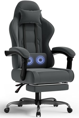 Sedia Gaming in tessuto, Sedia da Ufficio Ergonomica con poggiatesta, Sedie Gamer con cuscino per massaggio lombare, Poltrona Gaming con ruote, poggiapiedi, altezza regolabile,Grigio Scuro