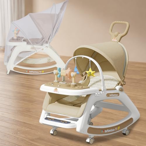 Image of Infantso Prime (5-in-1) Baby Rocker for 0 to 2 Years with Mosquito Net | Portable Rocker for Newborn | Convertible Walker, Feeding Chair, Push Cart & Seat with Music, Light, Tray & Canopy - Beige