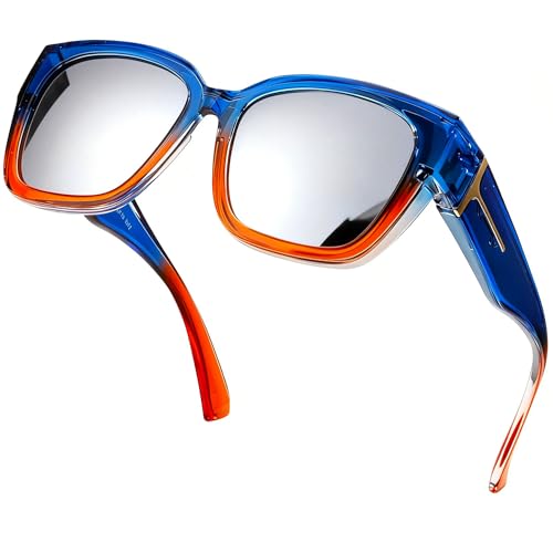 Image of SIPHEW Mirrored Sunglasses Polarized Fit Over Glasses for Women - Trendy Large Square w UV400 Protection Sun Glasses