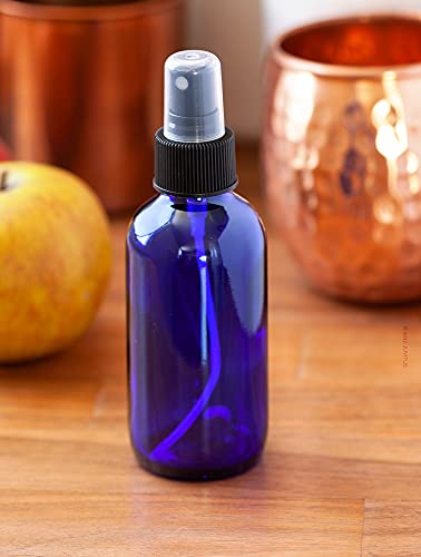 JUVITUS 4 oz / 120 ml Cobalt Blue Glass Boston Round Bottle with Black Fine Mist Spray (2 Pack) + Clear Travel Bag and Funnel - Thumbnail 3
