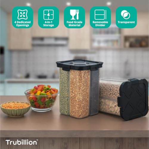 Image of SplitBox 4-Section Kitchen Food Storage Container,2000ml BPA-Free Transparent,Black Lid,Removable Divider,Freezer Safe,Stackable Space,Saving Design,For Pulses,Snacks,Dry Fruits (Black)
