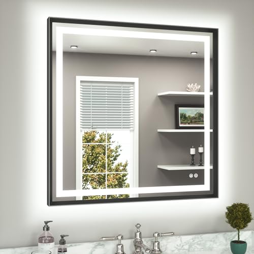 TETOTE Led Bathroom Mirror 36 x 36 with Brushed Black Frame Anti-Fog Frontlit & Backlit Vanity Mirror Stepless Dimmable Lighted Mirrors for Bathroom Wall 3 Colors White/Warm/Natural Wall-Mounted