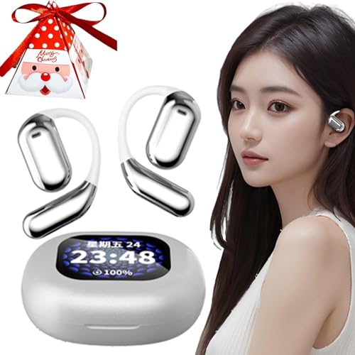 Flourish 3 Earbuds, Powerful Bluetooth 5.4 Open Ear Earbuds, Ipx5 Waterproof, Intelligent Touch Screen Bluetooth Open Earbuds, LED Display Ear Buds for Working, Fitness, Running and Cycling (Silver)