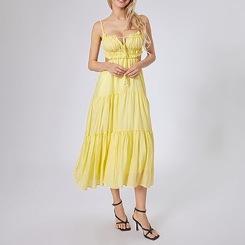 Image of Owl's-Yard Women Ruffle Spaghetti Strap Dress Sexy Backless Tiered Flowy Sundresses Boho Beach Long Dress Clubwear (D-02, L), Large