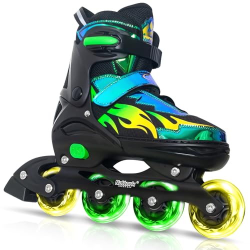Nattork Adjustable Inline Skates for Kids and Teens, Indoor and Outdoor Blades Roller Skates with 8 Light Up Wheels for Boys Girls Aged 8-16, Adult Women Beginners Aurora Green