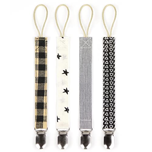 Image of Halonly Pacifier Clips Baby Boy and Girl, Binky Clip Holder, 4 Pieces, Organic Cotton and Linen Soft Fabric, for Babies During Teething, Black White, 9.45 in × 0.75 in