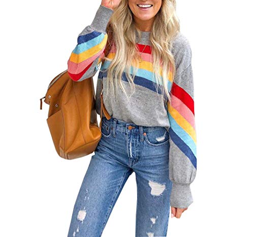 Women Rainbow Sweatshirts Colorful Striped Casual Long Sleeve Pullover Tops Shirts M