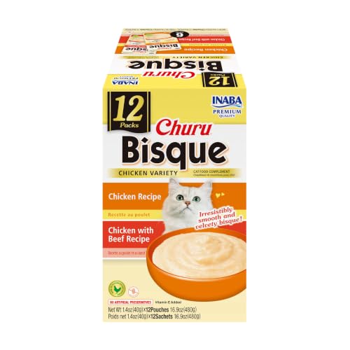 INABA Churu Bisque for Cats Creamy Lickable Pure Side Dish with Vitamin E 1.4 Ounces per Pouch 12 Pouches Chicken Variety