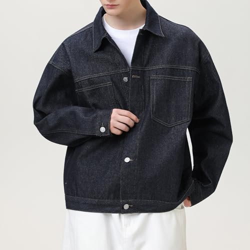 Mens Jacket Raw Denim Work with Exposed Stitching Trendy Street Lapel Coat - image 3