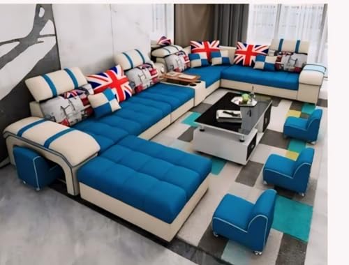 Image of Torque Galster 12 Seater Sofa Set for Living Room (Blue) | Interchangeable U Shape Sectional Sofa with Cup Holder & Storage | Solid Wood Frame & High-Density Supersoft Foam | Includes Puffy & Stool