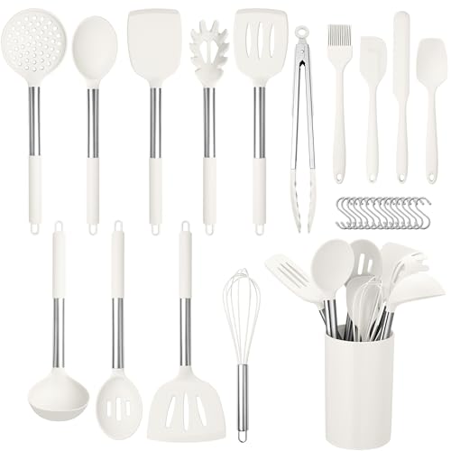 HaWare 29 PCS Silicone Cooking Utensils Set, Heat Resistant Kitchen Utensils Set with Stainless Steel Handle, Spatula Sets with Holder and Hooks, Kitchen Tools Gadgets for Nonstick Cookware -White