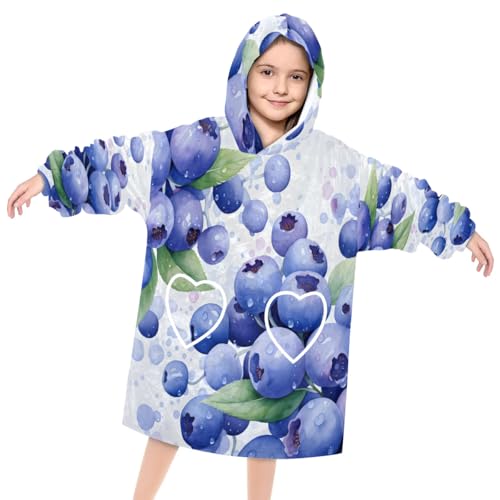 Pardick Wearable Blanket Hoodie for Kids, Juicy Blueberries Fleece Sweatshirt Blanket Oversized Blanket Sweatshirt with Pocket Flannel Warm Hooded Blanket 6-10 Year Old Girl Boy Gift, One Size