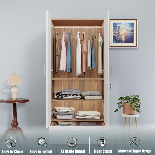 Image of VIKI Wardrobe |Wooden Almirah for 2 Door Wardrobe with 1 Drawer & Hanging Space with Mirror (Walnut |White - 40D x 80W x 180.8H) | 1 Year Warranty | Free Assembly