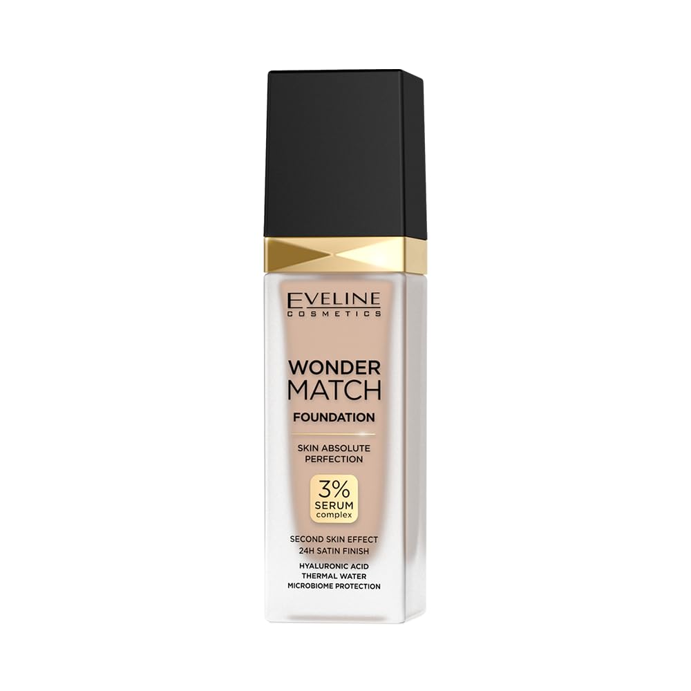 Eveline Cosmetics Wonder Match Luxury Adaptive Foundation, Buildable Coverage, Satin Finish, Oil-Free Formula with Hyaluronic Acid, Thermal Water and Acai Extract, 30 ml