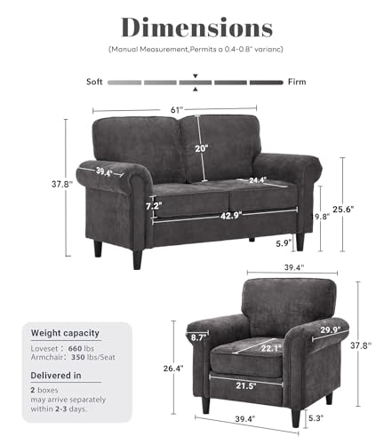 Image of Kingfun Loveseat 2 Seater Couch with Chair, Mid Century Modern Chenille Sofa Set with Rolled Arms and Deep Seats, Fluffy Comfort for Living Room, Apartment, Easy Assembly, Grey