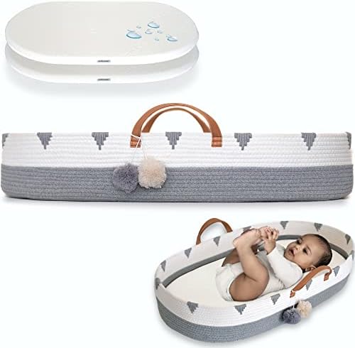 Vesta Baby Woven Cotton Rope Moses Changing Basket Set - Nursery Dresser Table Topper with Soft Foam Pad & 2 Natural Bamboo Waterproof Covers for Easy Diaper Change - Neutral Boho Gray & Beige Décor