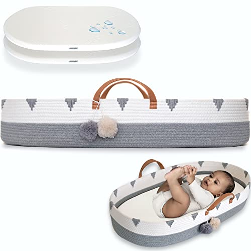 Vesta Baby Woven Cotton Rope Moses Changing Basket Set - Nursery Dresser Table Topper With Soft Foam Pad & 2 Natural Bamboo Waterproof Covers For Easy Diaper Change - Neutral Boho Gray & Beige Décor #TOP11