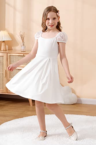Gorlya Girls Scoop Neck Polka Dot Mesh Puff Sleeve Casual Party A-Line Dress With Pockets For 4-14T(Gor1155,14Y,White) #TOP2